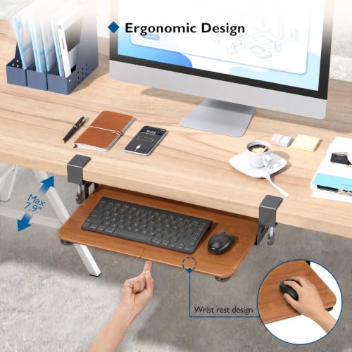 BONTEC Under Desk Keyboard Tray, Pull-Out Keyboard & Mouse Platform | C-Clamp Mount, Space-Saving Ergonomic Slide-Out Drawer, 31.3 in Including Clamps, 20 x 11.8 in Tray, Walnut - color: Walnut, size: 20" x 11.8"