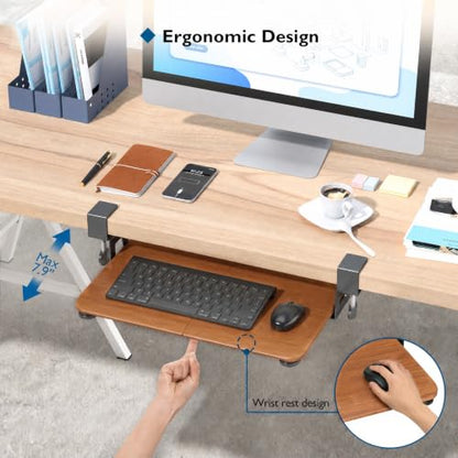 BONTEC Under Desk Keyboard Tray, Pull-Out Keyboard & Mouse Platform | C-Clamp Mount, Space-Saving Ergonomic Slide-Out Drawer, 31.3 in Including Clamps, 20 x 11.8 in Tray, Walnut - color: Walnut, size: 20" x 11.8"