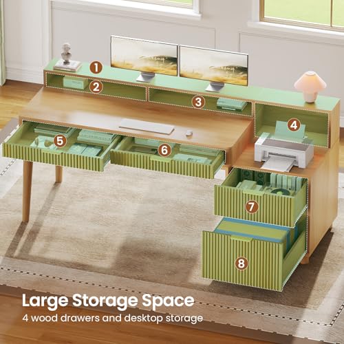 SEDETA 59" Computer Desk with 4 Storage Drawers, Fluted Wood Office Desk with File Drawer, LED Lights and Power Strip, Gaming Table Writing Desk for Home Office, Living Room, Bedroom, Oak - color: Oak