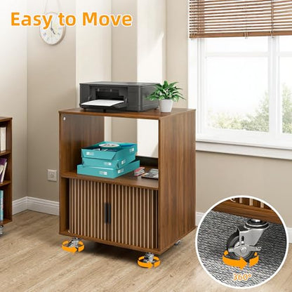 3-Tier Printer Stand, Fluted Rolling Printer Table with Storage, Walnut