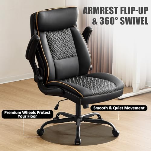Leather Executive Office Chair, Computer Desk Chair with Lumbar Support, Comfortable Home Office Chairs 400lbs with Padded Flip-up Armrests, Height Adjustable, Tilting Function, Black - color: Black