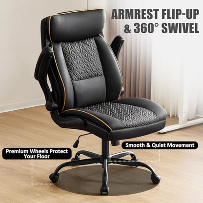 Leather Executive Office Chair, Computer Desk Chair with Lumbar Support, Comfortable Home Office Chairs 400lbs with Padded Flip-up Armrests, Height Adjustable, Tilting Function, Black - color: Black