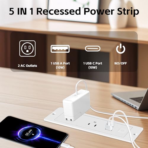 Embedded Power Strip with 2 AC,1 USB A/C Port, Recessed Power Outlet with 10W PD USB A,USB C Port, Flush Mount Desk Outlet with 6ft Cord