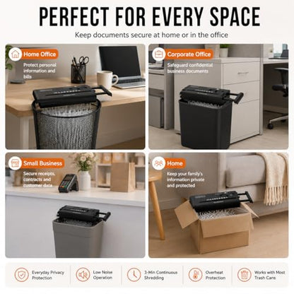 Compact Strip-Cut Paper Shredder, 6-Sheet Capacity, P-1 Security Level, 3-Minute Continuous Run, 4 Control Modes, Fits Most Trash Cans, Black