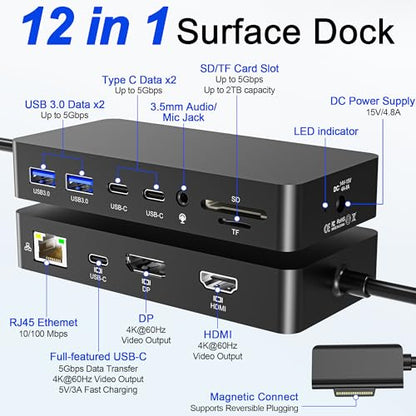 Surface Docking Station 12-in-1, Triple Display 4K@60Hz Dock with HDMI, DP, USB-C, 4-Screen Support, 4 USB Ports, SD/TF, Audio for Surface Pro 11/10/9/8/7, Surface Laptop, Book, Go - color: HDMI+DP+USB-C Surface Dock