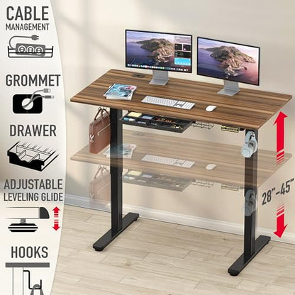 SHW 55 x 28 Electric Height Adjustable Standing Desk w/Drawer, Walnut - color: Walnut, size: 55-Inch