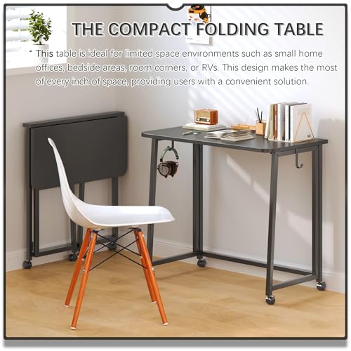 4NM 31.5" Mobile Small Folding Desk, Foldable Rolling Computer Home Office Desk, Study Writing Table for Small Space Saving Bedroom, with Wheels - All Black - color: All Black, size: 31.5"W x 15.7"D