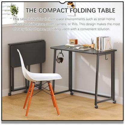 4NM 31.5" Mobile Small Folding Desk, Foldable Rolling Computer Home Office Desk, Study Writing Table for Small Space Saving Bedroom, with Wheels - All Black - color: All Black, size: 31.5"W x 15.7"D