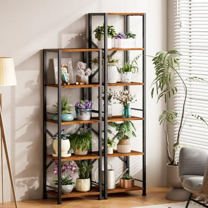 Furologee 5 Tier Book Shelf, Tall Wide Bookshelf, Industrial Open Bookcase, Display Shelves Storage Organizer, Shelving Unit for Living Room, Home Office, Bedroom, Rustic Brown | 20'' Wide Industrial Storage Shelves with X Crossbar, Shelving Units for Bed