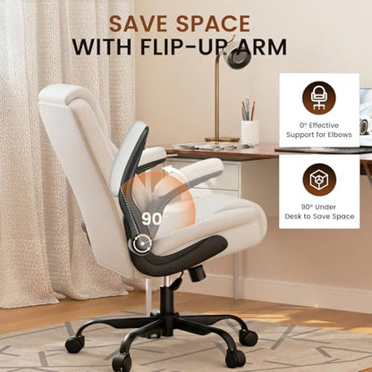 GTPLAYER PU Leather Office Chair, Home Desk Chair with Flip-up Arms, White | Ergonomic Back, Memory Foam Cushion, Comfy Executive Chair for Home Office Gaming, Flexible Rocking, Heavy Duty Chairs - color: White
