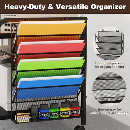 Large Printer Stand with File Holder & Rolling Wheels, Black - color: Black, size: Large