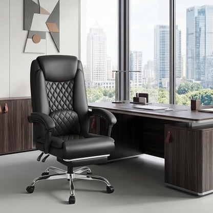 Shahoo Big and Tall Office Chair Height Adjustable Faux Leather Chair with Footrest and Lumbar Support, Ergonomic High Back Computer Chair with 360° Swivel Wheels Task Chairs for Office Home, Black
