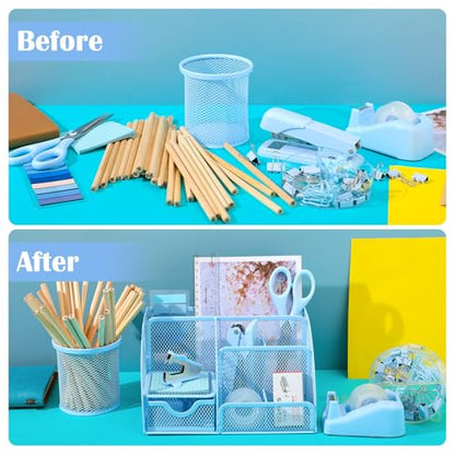 11 In 1 Blue Desk Organizer And Accessories, Light Blue Office Supplies Include Stapler, Tape Dispenser, Pen Holder, Staple Remover, Clips, Ruler, Scissors, Tapes, Tabs - color: Blue