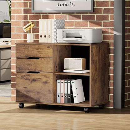 File Cabinet with 3 Drawers, Mobile Lateral Filing Cabinet with Open Storage Shelves for Home Office Under Desk Storage, Brown - color: Brown
