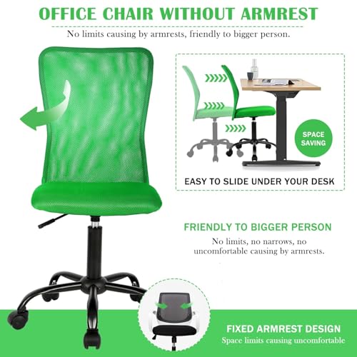 Ergonomic Chairs, Cute Adjustable Armless Office Desk Chair w/Mesh Back & Soft Thick Seat, Comfy Swivel Rolling Cheap Executive Small Computer Task Chair Sillas para Escritorio for Adult Women - color: Green