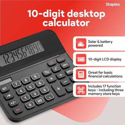 Staples 10-Digit Desktop Calculator, Solar/Battery, Large LCD Display, Basic Financial Functions, Compact Office Desk Calculator - style: 1 Pack