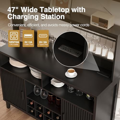Fluted Buffet Cabinet with Storage, Modern Coffee Bar Cabinet, Black - color: Black, size: Coffee Bar - 15.6"D x 47.2"W x 49.6"H