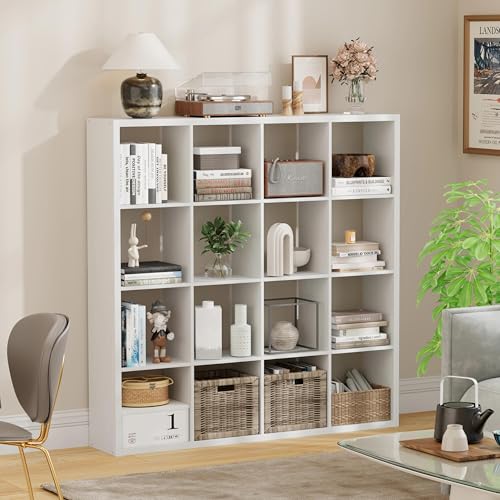 16-Cube Storage Organizer Bookcase, Thick Frame Wood Grain Storage Shelf, Rectangular Cube Open Back Display Unit, 48.8x9.4x48.8 Inches for Living Room, Bedroom, Home Office, White - color: White, size: 16 Cube-48.82" L x 9.37" D x 48.82" H
