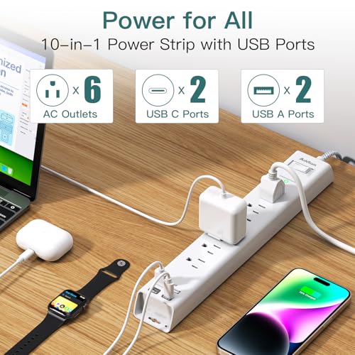 Power Strip Surge Protector - 2ft Short Extension Cord - color: White & Grey, size: 2 FT