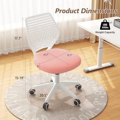 Small Office Chair with Wheels, Armless Desk Chair Height Adjustable Swivel Rolling Task Chair Breathable Mesh Ergonomic Computer Work Chair for Adult, Pink