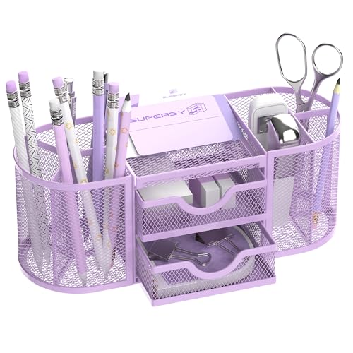 Mesh Desk Organizer, Desk Organizers and Accessories with Drawers, Pen Holder for Desk with 2 Drawers with 9 Compartments for Office Supplies, Purple - color: Lilac Purple
