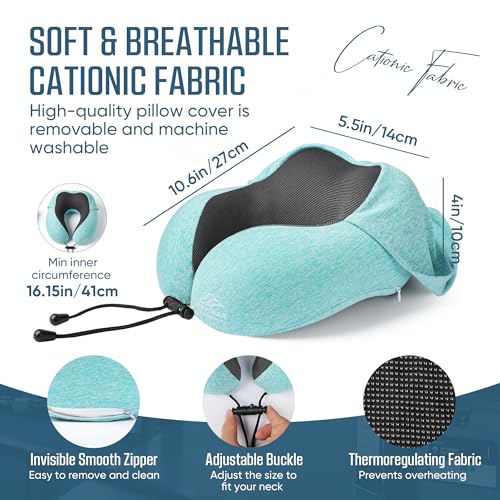 SkytraxComf® Travel Neck Pillow with Hood for Privacy on Long Flights | Memory Foam | Airplane Sleep | Safety-Tested Materials | Extra Large Hood | Chin Support | Earplugs | Washable Cover - color: Mint Blue