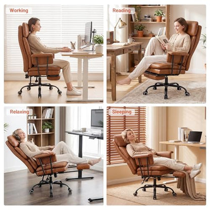 Big and Tall Office Chair, PU Leather High Back Executive Office Chair with Adjustable Lumbar Support, Gaming Chair with Padded Arm and Pillow, Height Adjustment, Footrest, Brown - color: Brown-1