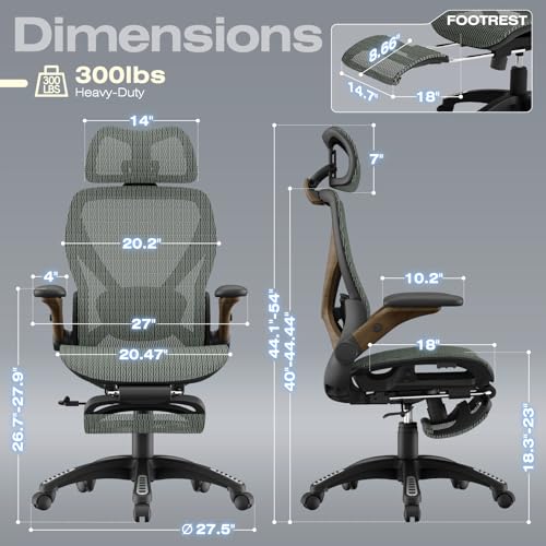 ELABEST X100 Ergonomic Mesh Office Chair with Footrest, Big and Tall Home Desk Chair with 5D Flip-Up Arms, Adjustable 3D Lumbar Support, Gaming & Executive Computer Chair (Forest Ranger) - color: Forest Ranger