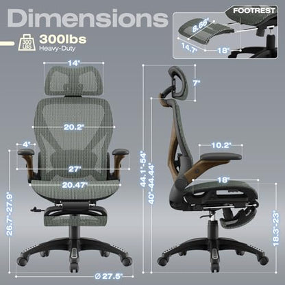 ELABEST X100 Ergonomic Mesh Office Chair with Footrest, Big and Tall Home Desk Chair with 5D Flip-Up Arms, Adjustable 3D Lumbar Support, Gaming & Executive Computer Chair (Forest Ranger) - color: Forest Ranger