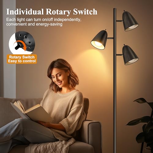 QiMH Tree Floor Lamp with 3 Light Bulbs, Standing Tall Pole Lamps for Living Room Bedroom Office, Reading Stand up Lamps with 3 Adjustable Arms, Black - color: Black