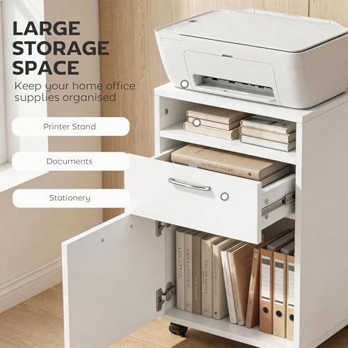 HOMCOM Mobile Storage Cabinet Organizer, Bathroom Drawer Cabinet, White | Printer Stand, Castors - color: White
