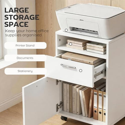 HOMCOM Mobile Storage Cabinet Organizer, Bathroom Drawer Cabinet, White | Printer Stand, Castors - color: White
