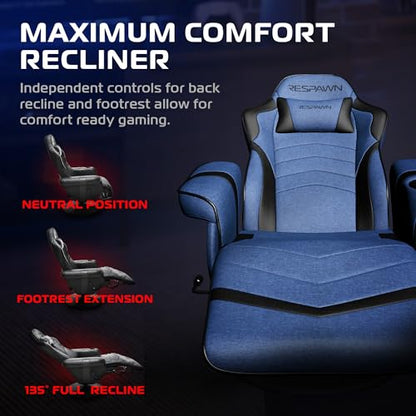Respawn 900 Gaming Recliner Chair with Footrest, Cup Holder and Swivel | Ergonomic gaming recliner with footrest, cup holder, lumbar support, 135° recline & 360° swivel for console gaming - color: Blue Fabric