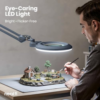 Neatfi XL Bifocal LED Magnifying Lamp, 7” Acrylic Lens, 2.25X/6X Magnification, 1,600 Lumens Dimmable | Hands-Free Close Work | Crafting, Jewelry & Reading (Gray, 7-inch Lens, Non-CCT with Clamp) - color: Gray, size: 7-inch Lens, Non-CCT with Clamp