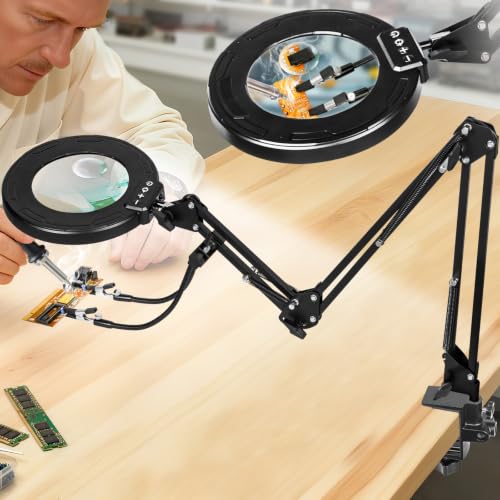 12X 30X Magnifying Glass with Light and Clamp, Soldering Helping Hand | 3-Section Swing Arm Hands-Free Workbench Lighted Magnifier, 5 Color Stepless Dimming, LED Desk Lamp for Craft Hobby Painting - color: Black, size: 12X 30X