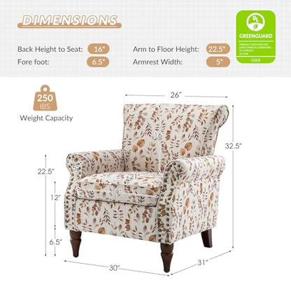 HULALA HOME Traditional Floral Accent Chair with Solid Wood Legs, Yellow | Comfy Upholstered Armchair Reading Chair with Rolled Armrests, Nailhead Trim, Removable Cushion, for Living Room Bedroom - color: Yellow