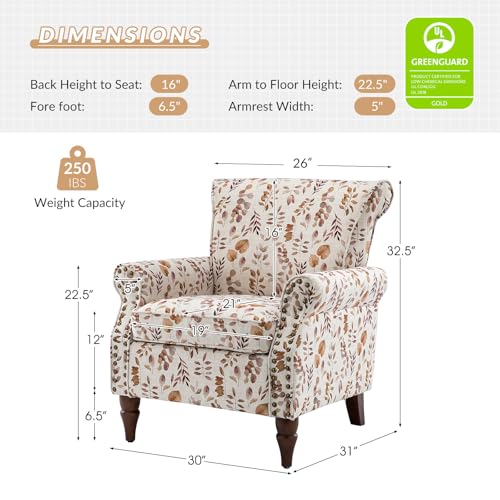 HULALA HOME Traditional Floral Accent Chair with Solid Wood Legs, Yellow | Comfy Upholstered Armchair Reading Chair with Rolled Armrests, Nailhead Trim, Removable Cushion, for Living Room Bedroom - color: Yellow
