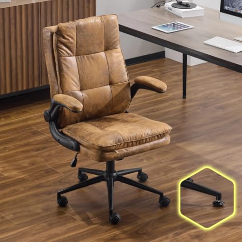 VINGLI Comfy Brown Leather Office Desk Chair,Ergonomic High-Back Computer Gaming Chair with Replaceable Wheels,Dual-Base,Adjustable Height&Armrests,360 Swivel Task Chair for Home Office,Vintage,Rustic - color: Rustic-suede