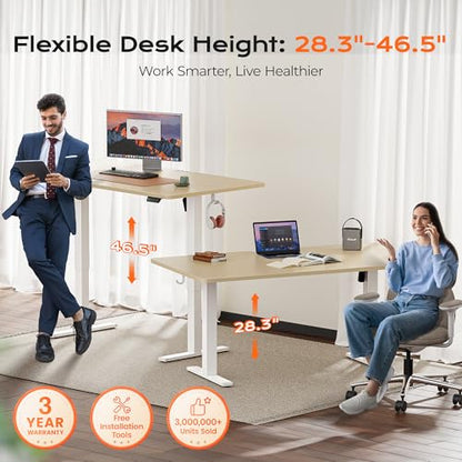Huuger 63 x 28 Large Electric Standing Desk, Height Adjustable Computer Desk, 27.6" Deep Desktop, Stand up Gaming Office Table with 2 Hooks, 3 Preset Heights, for Home Office, Maple, 7021Q-1 - color: Maple, size: 63*28 inch (no outlets)