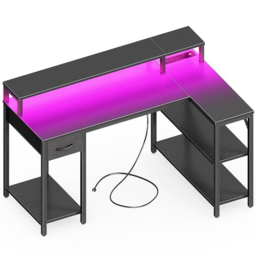 SUPERJARE 47 inch L Shaped Gaming Desk with LED Lights & Power Outlets, Reversible Computer Desk with Shelves & Monitor Stand, Corner Desk with Drawer, for Home & Office, Carbon Fiber Black - color: Carbon Fiber Black, size: 47 inch