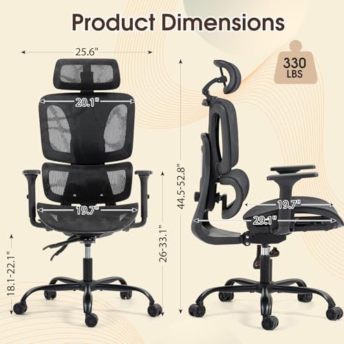 Black Ergonomic Mesh High Back Office Chair | Lumbar Support, Adjustable Headrest, 3D Armrests, Reclining, Breathable Mesh, Sturdy Base, 360° Swivel, for Office, Gaming - color: Black, style: Upgrade w/o footrest