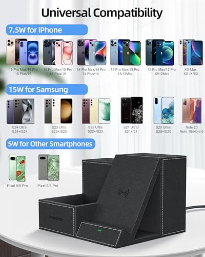 Wireless Charger with Desk Organizer, 3 Compartments and 1 Phone Stand - color: Black