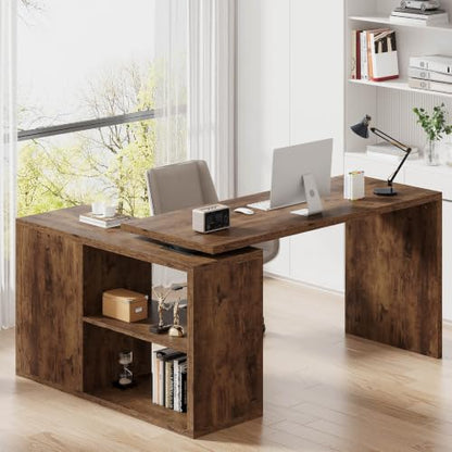 HSH L Shaped Desk with Storage, Home Computer Desk, Rustic Brown, 55 Inch - color: Rustic Brown