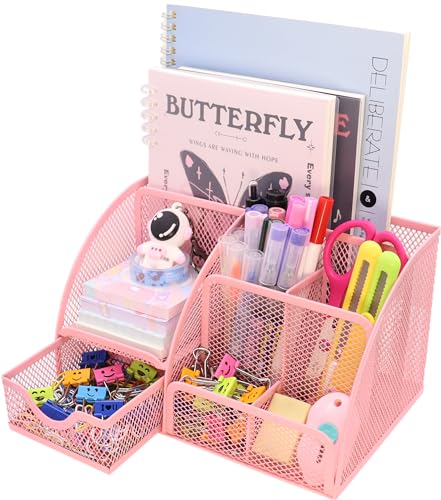 Boutilon Mesh Desk Organizer Desktop Office Supplies Stationary Organizer with 6 Compartments and 1 Drawer Multi-Functional Caddy Pen Holder for Home Office School Desk Decor(Pink) - color: Pink