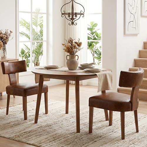 HNY Mid Century Modern Dining Chairs Set of 2, Farmhouse PU Leather Upholstered Accent Chair Curved Backrest Kitchen Chairs, with Hardwood Frame, Brown - color: Brown Curved
