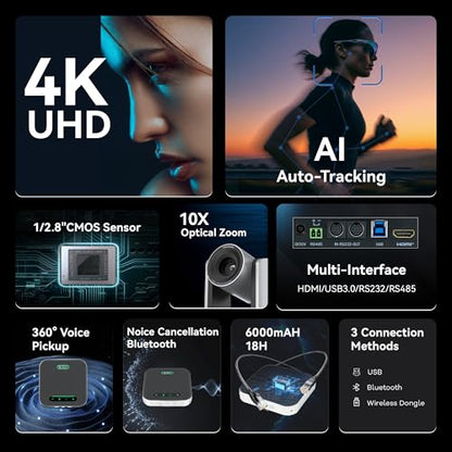 TONGVEO 4K AI 10X PTZ Conference Camera System＆ Bluetooth Speakerphone | 10X Optical Zoom 4K Video Camera, AI Auto Tracking 116° Wide-Angle, 16.4ft Audio Pickup Microphone for Church Worship - color: Silver