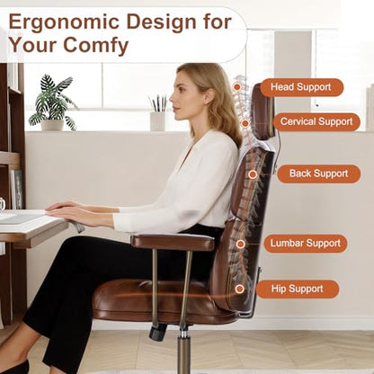 Mid-Century Modern Ergonomic Office Chair, High Back Headrest, Brown | Faux Leather Executive Desk Chair, Walnut Bentwood & Adjustable Headrest, Swivel Computer Chair for Home Office, 300LBS Cap - color: Brown, size: High Back Style