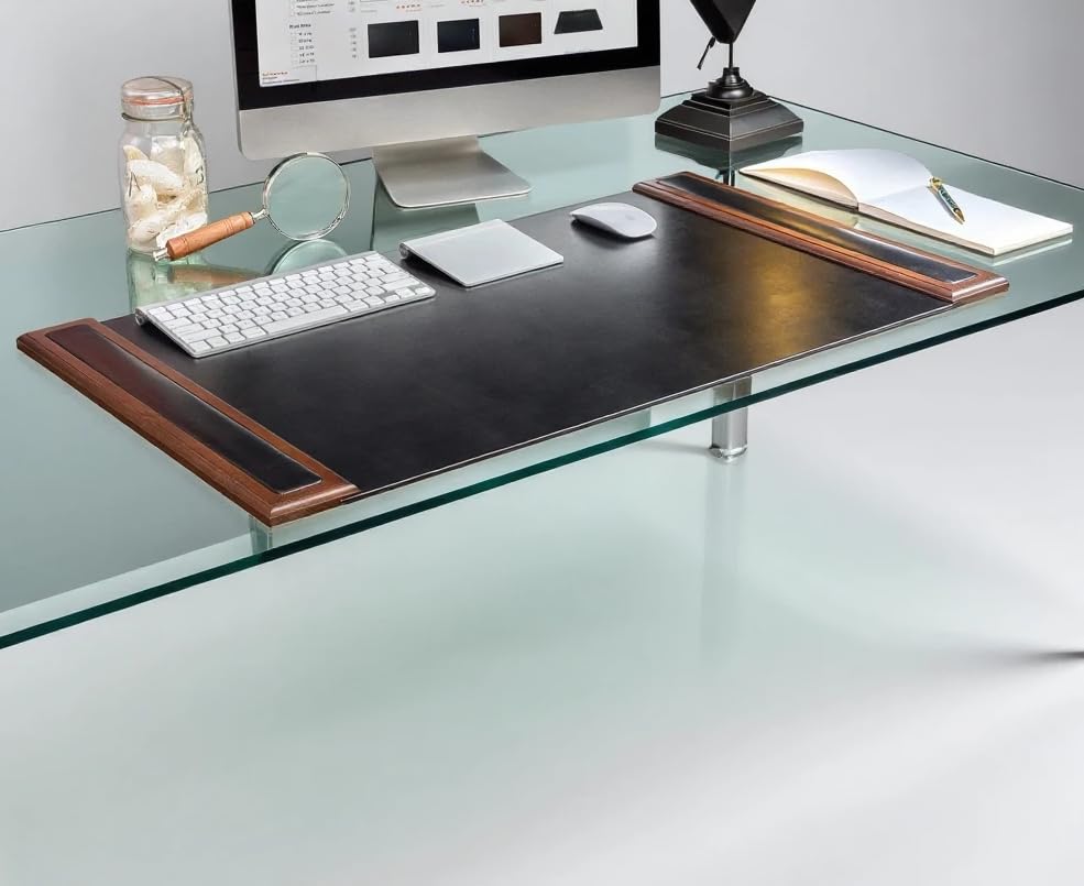 Walnut & Black Leather 34" x 20" Side-Rail Desk Pad - color: Walnut & Black, size: 34" x 20"