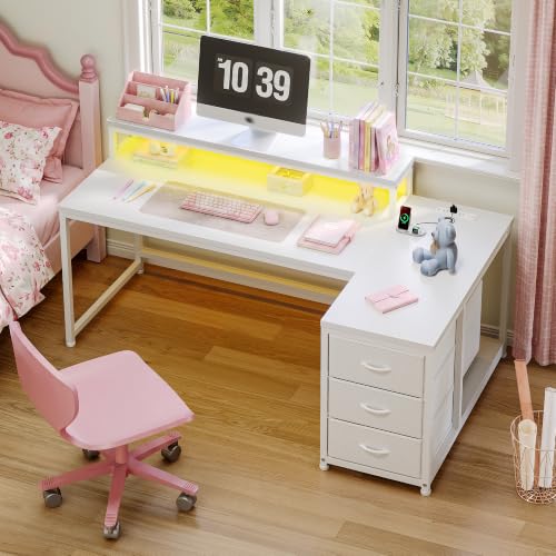 EnHomee 55" White L Shaped Desk with 3 Storage Drawers for Home Office - color: White, size: 55 Inch