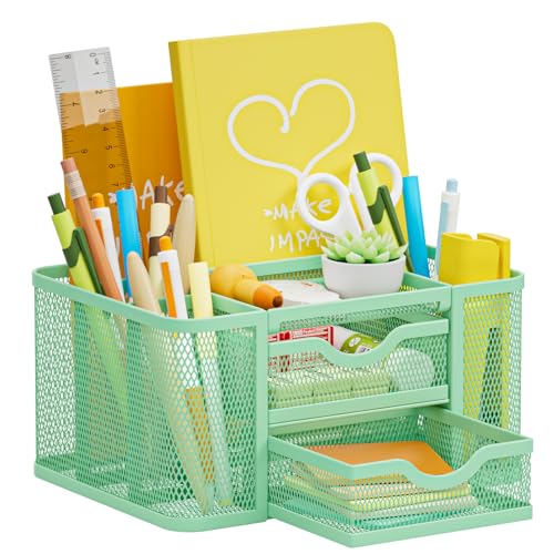 Marbrasse Mesh Desk Organizer, Pen Organizer with 2 Drawer, Multi-Functional Pencil Holder, Desk Organizers and Accessories with 5 Compartments + Drawer for Office Art Supplies (Green) - color: Green